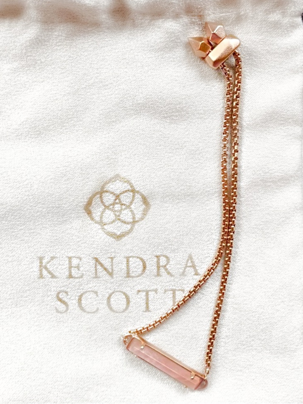 Kendra Scott "Stan" Adjustable Bracelet in rose gold plating w/rose quartz bar